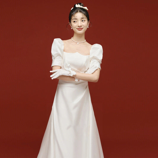 2025 Satin light wedding dress Mori bride going out yarn temperament thin light yarn small trailing white dress welcome yarn wholesale
