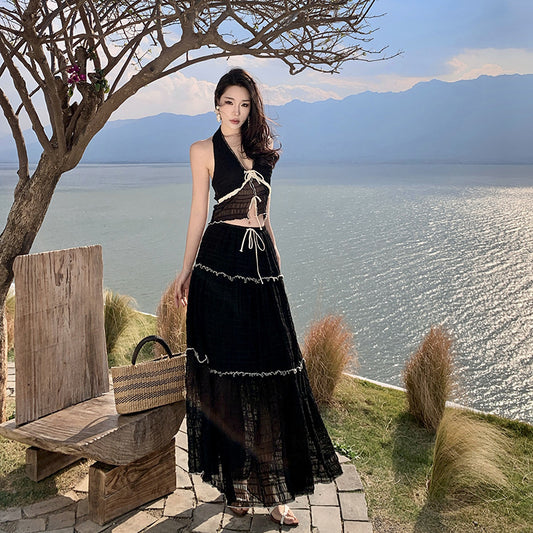 Holiday style wear suit Spice girl halter short neck vest women's summer high waist skirt black two-piece set
