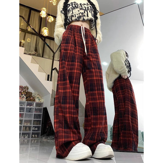 maoxiangshop-shop fall outfits aesthetic Retro Brushed Plaid Casual Pants Women's Autumn New High Waist Straight Pants Slimming Wide Leg Mop Long Pants