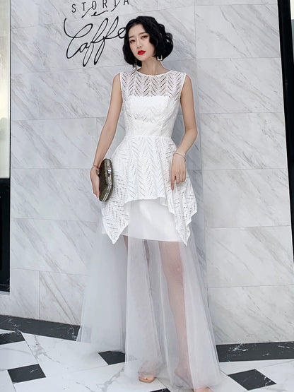 Small white evening dress skirt women can usually wear banquet temperament celebrity light luxury long style simple generous high sense autumn