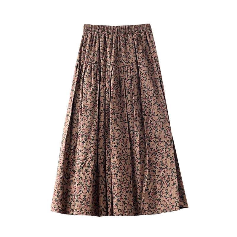 maoxiangshop-shop fall outfits women Mori Brushed Floral Skirt 2024 Autumn and Winter New Artistic Age-Reducing Mid-Length Umbrella Skirt Cover Slim Skirt