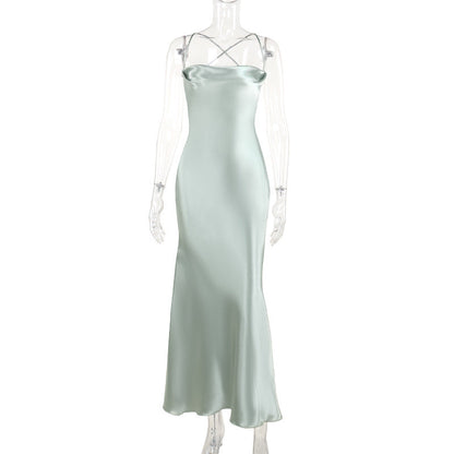 maoxiangshop-shop prom dresses Diagonal Cut Crystal Satin Backless Sling Dress Strap Sexy Slim Dress