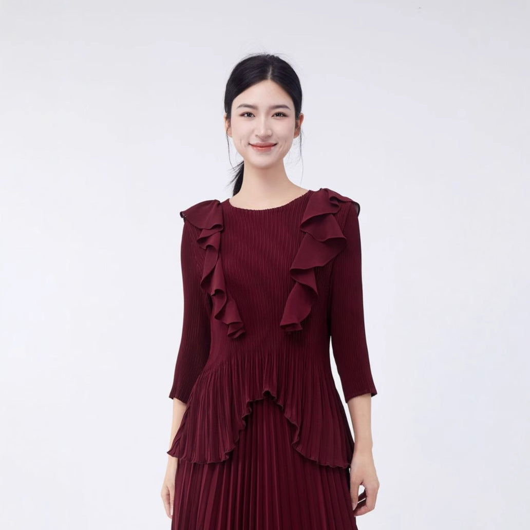 Women's fashionable Popular style top summer new high-end ruffle edge irregular versatile pleated chiffon shirt T-shirt