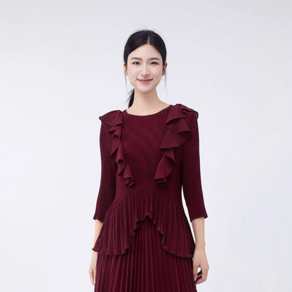 Women's fashionable Popular style top summer new high-end ruffle edge irregular versatile pleated chiffon shirt T-shirt