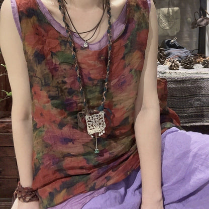 2025 24/4 SN51 Duoduo, literary and casual printing versatile sleeveless retro ramie vest sling