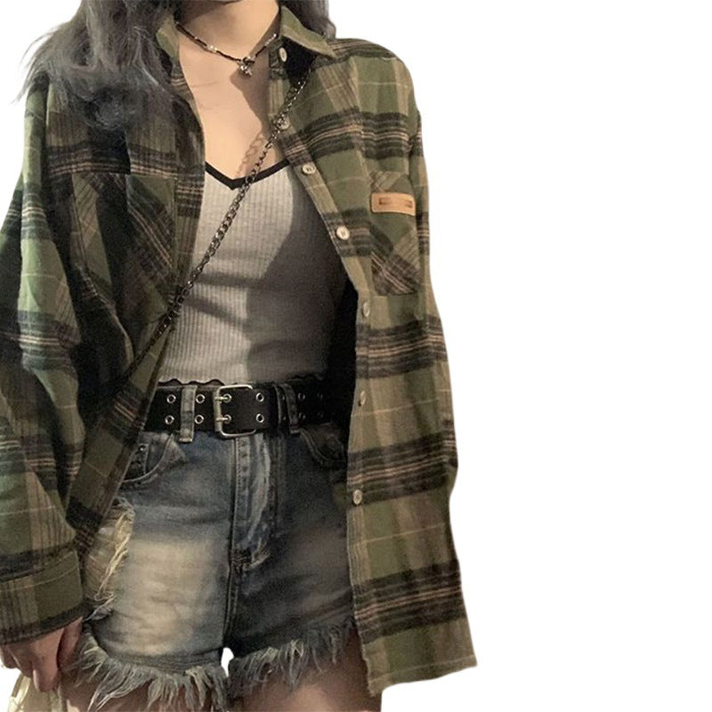maoxiangshop grunge outfits Retro Green Plaid Shirt Coat for Women Spring and Autumn 2024 New Small Loose Slimming Shirt Top