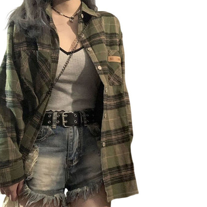 maoxiangshop grunge outfits Retro Green Plaid Shirt Coat for Women Spring and Autumn 2024 New Small Loose Slimming Shirt Top