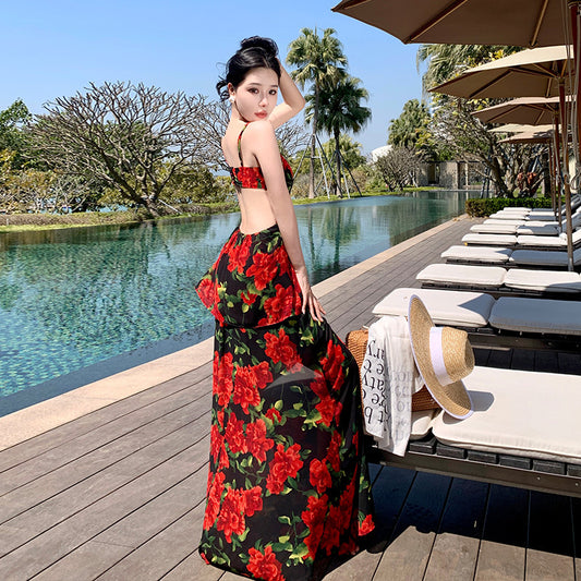 2025 New  long chiffon floral waist suspender dress women's summer vacation retro backless long dress skirt