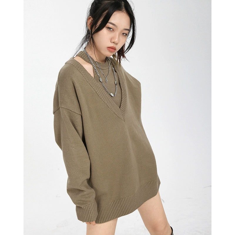 Black Sweater Fashion Set Women's Spring Neck Vest Loose V-Neck Sweater Pure Desire Two-piece Tide Set
