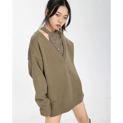 Black Sweater Fashion Set Women's Spring Neck Vest Loose V-Neck Sweater Pure Desire Two-piece Tide Set