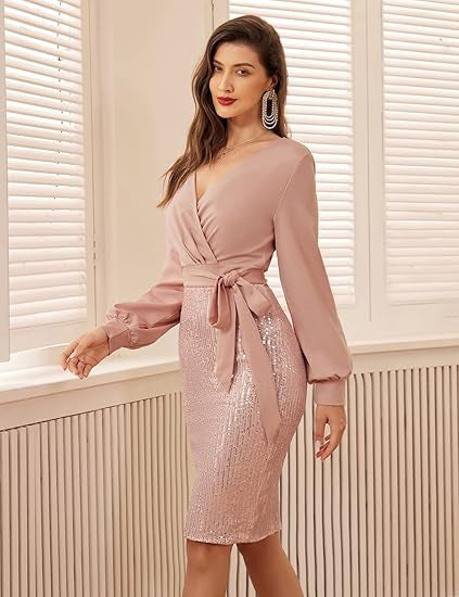 MAOXIANGSHOP 2025 new women's double spell, women's sequined party cocktail party tight glitter dress long sleeve evening dress