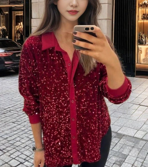 MAOXIANGSHOP 2025 New winter new  independent station 2025 fashion lapel button sequined shirt top women's clothing