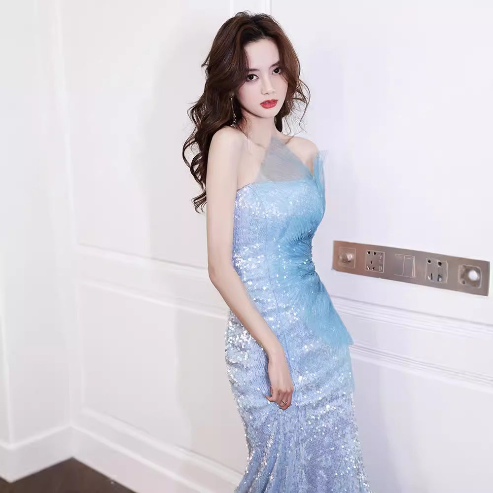 Blue host banquet evening dress women's 2025 new sequined tube top starry sky trailing sexy fishtail dress