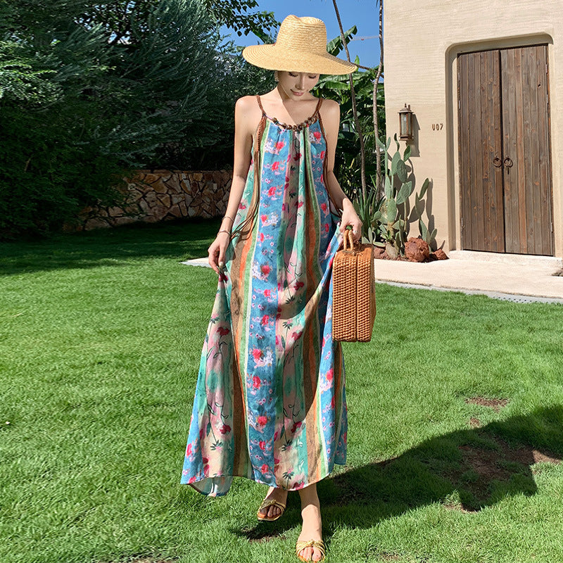 2025 New Chinese floral medium and long suspender dress for women's summer thin retro vacation style long dress seaside beach dress
