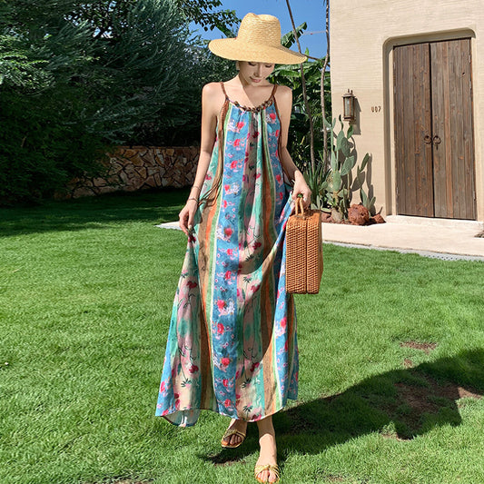 2025 New Chinese floral medium and long suspender dress for women's summer thin retro vacation style long dress seaside beach dress
