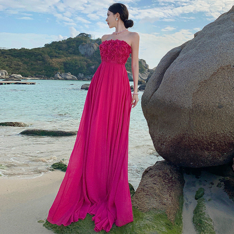 dressing gown birthday dress rose red three-dimensional flower sexy tube top dress vacation dress big swing dress women