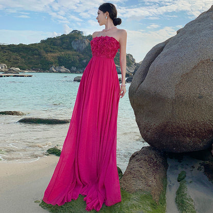 dressing gown birthday dress rose red three-dimensional flower sexy tube top dress vacation dress big swing dress women