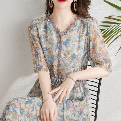 2025 Silk mulberry silk dress, coffee break  floral skirt women's clothing, summer small temperament waist A-shaped skirt