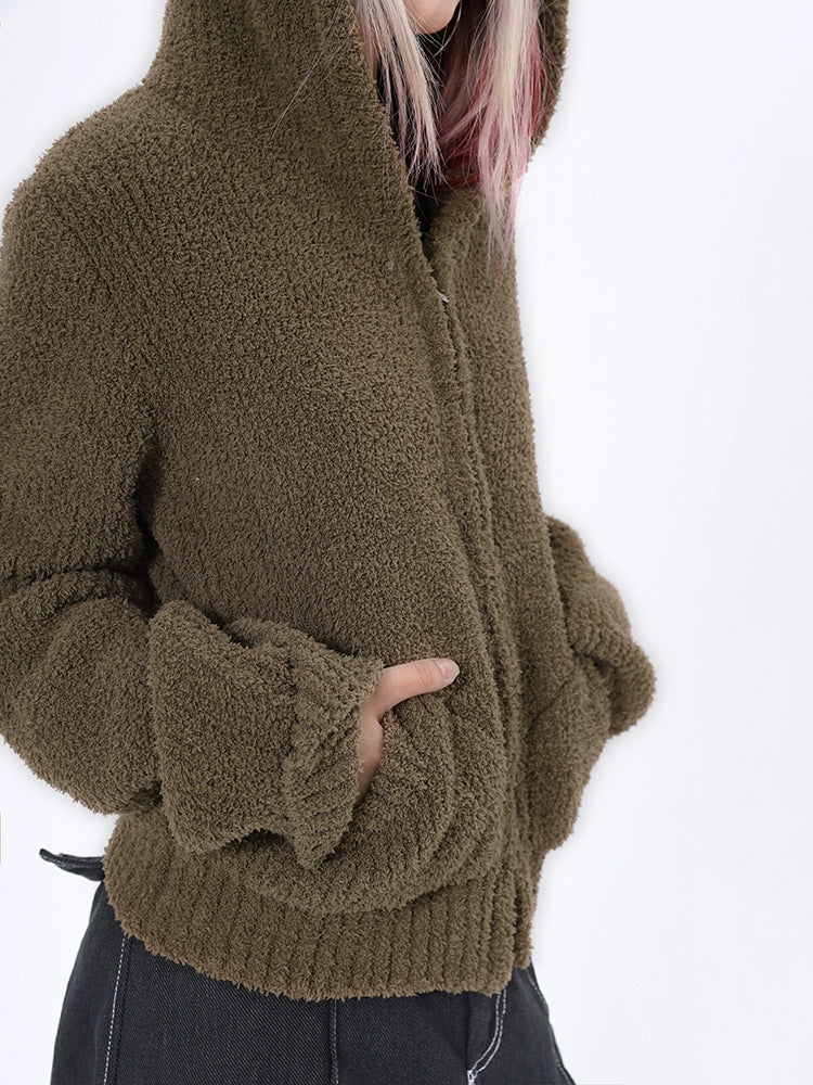 2025n retro soft waxy hooded sweater jacket women's autumn and winter popular camel long-sleeved knitted sweater top