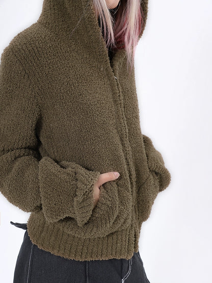 2025n retro soft waxy hooded sweater jacket women's autumn and winter popular camel long-sleeved knitted sweater top