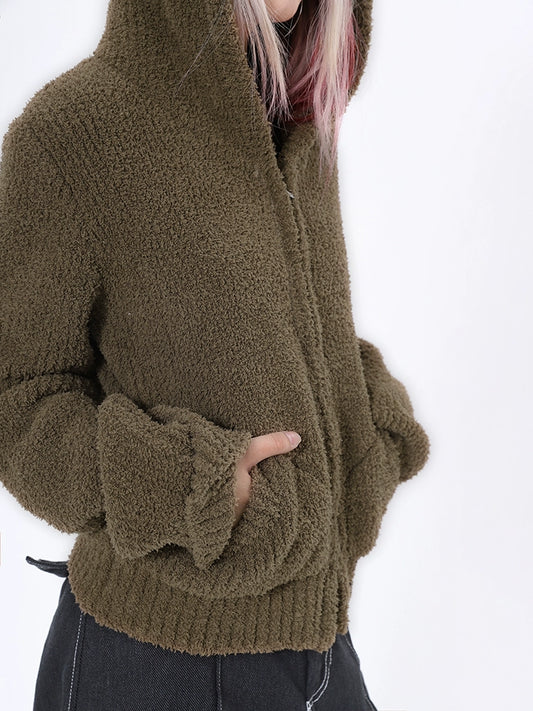 2025n retro soft waxy hooded sweater jacket women's autumn and winter popular camel long-sleeved knitted sweater top