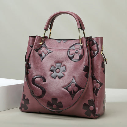 2025 Bucket bag, high-end large-capacity handbag, retro temperament commuter bag, simple printed women's portable tote bag