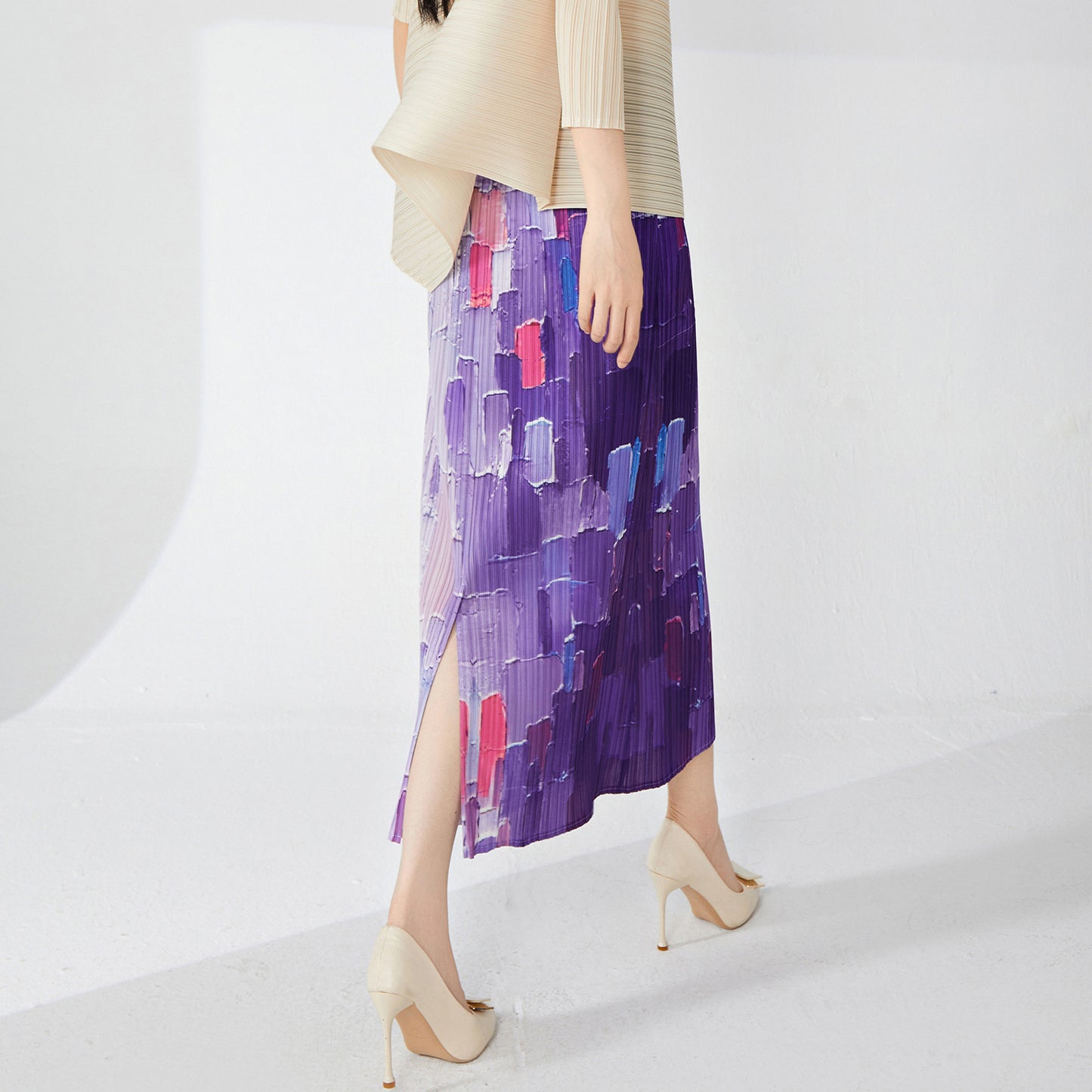 High sense of gradual change pleated skirt temperament elegant high waist hip wrap medium and long design sense after split step skirt