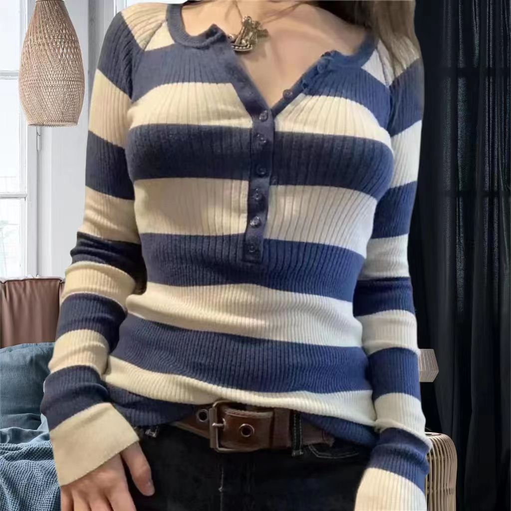 maoxiangshop 90s fashion Commuter Contrast Color Striped Top Autumn Casual All-Match Loose Slimming Sweater