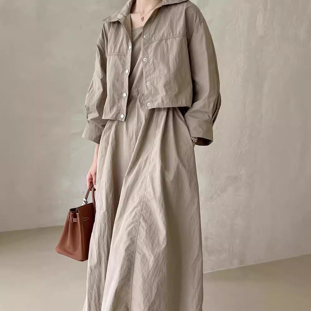 maoxiangshop-shop church outfit Chic Autumn Retro Elegant Drawstring Waist Strap Dress + Loose All-Match Long Sleeve Short Coat for Women