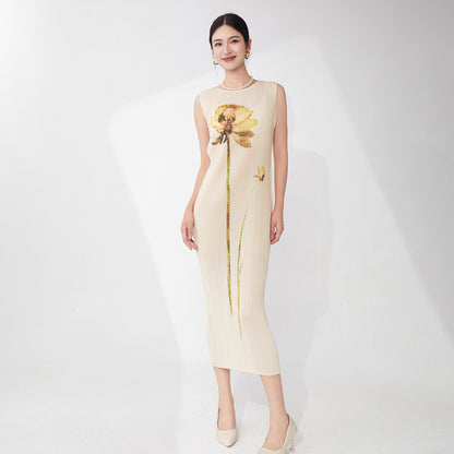 counter quality dress women's summer high-end temperament printing simple and versatile one-step straight medium and long skirt