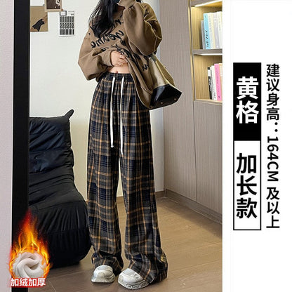 maoxiangshop-shop fall outfits aesthetic Retro Plaid Pants Women's Straight Pants Autumn and Winter New Brushed American Casual Pants High Waist Slimming Narrow Wide Leg Pants