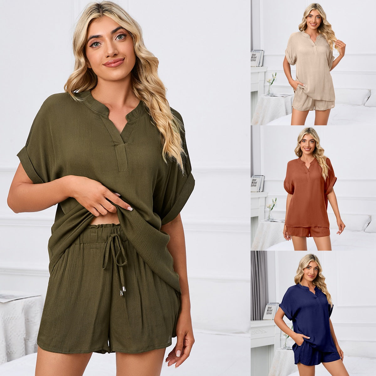 MAOXIANGSHOP 2025The real new product is , Popular, 2025 and Popular trade spring and summer solid color V-neck loose T-shirt, shorts, home leisure set, spot.