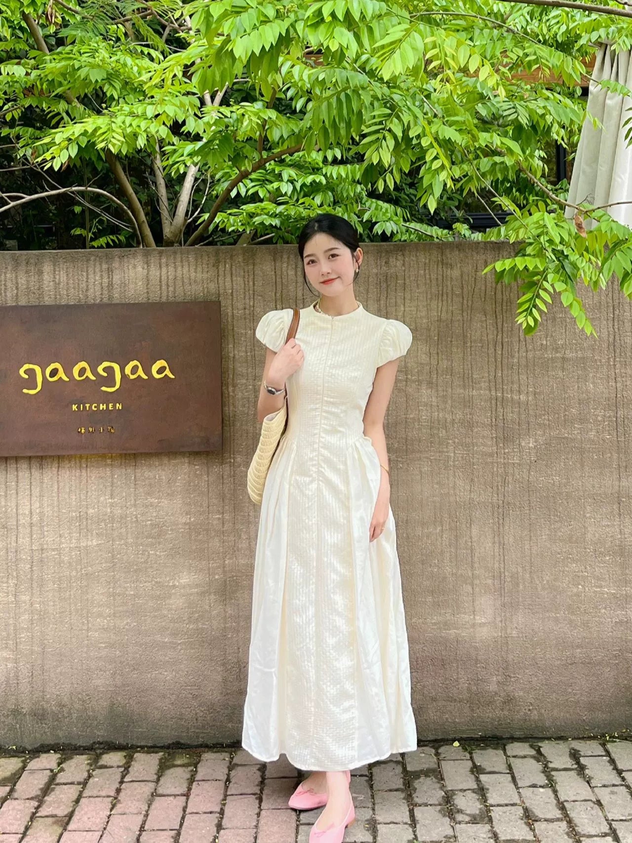Premium  retro dress women's  summer new temperament waist thin bubble sleeves coffee break long skirt