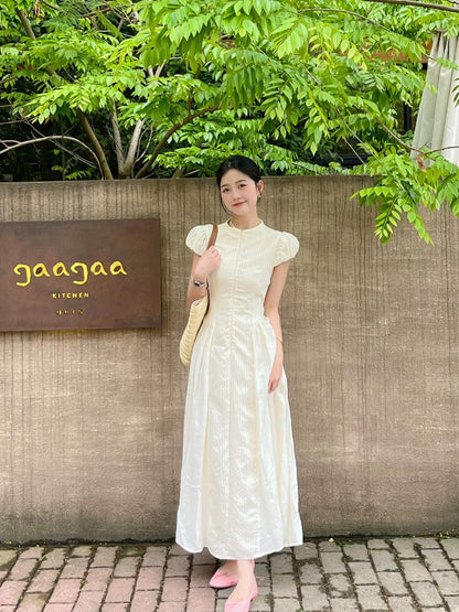 Premium  retro dress women's  summer new temperament waist thin bubble sleeves coffee break long skirt