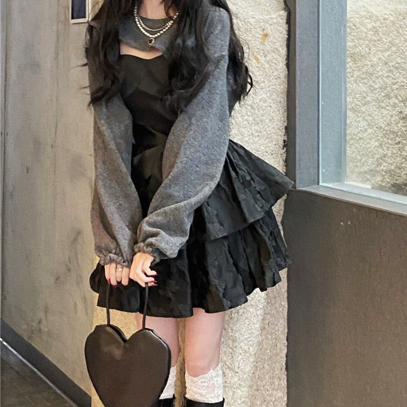 maoxiangshop-shop sexy outfit Sling Dress Women's Spring and Autumn New Sweet Cool Hot Girl Short Skirt Niche Design Black Fluffy Skirt 2024