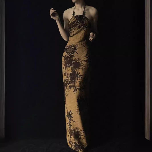2025 New Chinese Zen national style camellia printing and dyeing backless Buddha beads hanging neck slim improved cheongsam suspender dress women