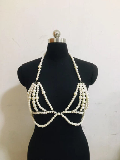 2025 XH10004  New pearl combination of different sizes fashionable neck halter chest chain body chain small vest