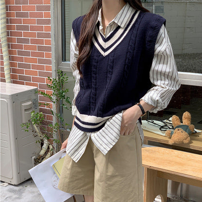 maoxiangshop-shop business casual outfits Preppy Style Contrast Color V-neck Knitted Vest Women's Clothing Autumn New Design Sleeveless Sweater Vest Top Outer Wear