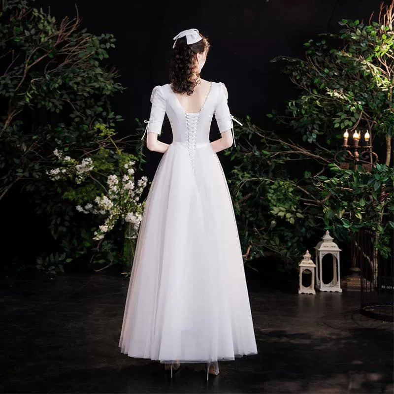 2025 satin white square neck light wedding dress simple atmosphere A style temperament elegant and thin daily wear