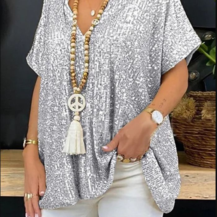 MAOXIANGSHOP 2023 2025 new independent station 2025 new loose sequin V-neck short-sleeved casual sequin deep V shirt