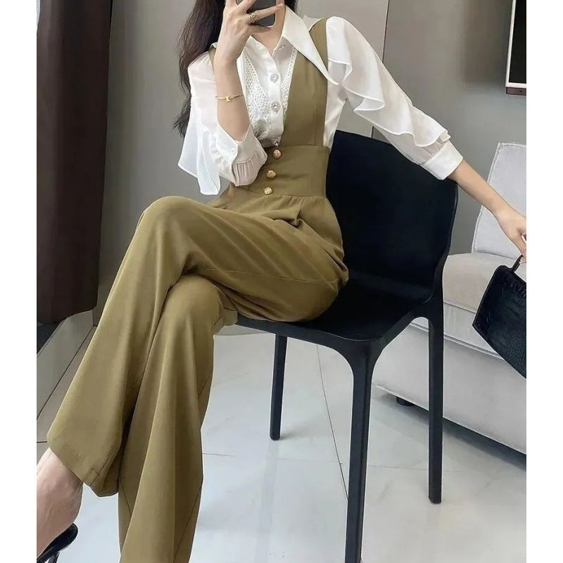 maoxiangshop Summer and Autumn New Design Suspender Pants Women's Gao-Grade Slimming High Waist Suit Wide Leg Pants Black Jumpsuit