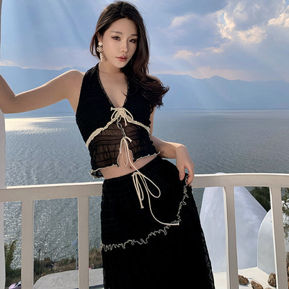 Holiday style wear suit Spice girl halter short neck vest women's summer high waist skirt black two-piece set