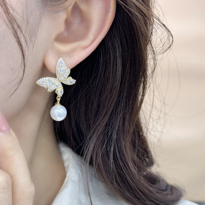 2025 super fairy butterfly pearl earrings women's s925 silver needle light luxury high-end inlaid zircon celebrity sweet earrings