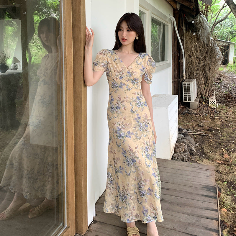 2025 Thirteen Lines  Spring and Summer New Temperament Printed Retro High Waist Short Sleeve Dress Women's BS88061
