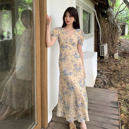 2025 Thirteen Lines  Spring and Summer New Temperament Printed Retro High Waist Short Sleeve Dress Women's BS88061
