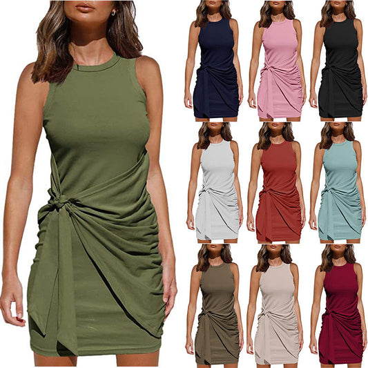 Women's Clothing Amazon Hot-selling Sleeveless Round Neck Bow Irregular Belt Dress