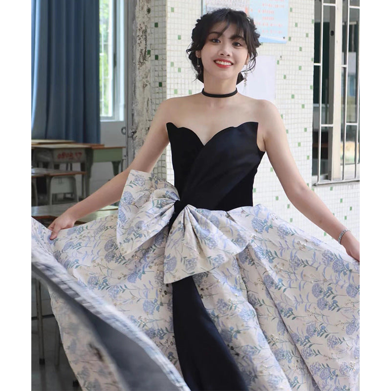 2025Tube top evening dress skirt  high-end light luxury niche students graduation art examination performance clothes host dress