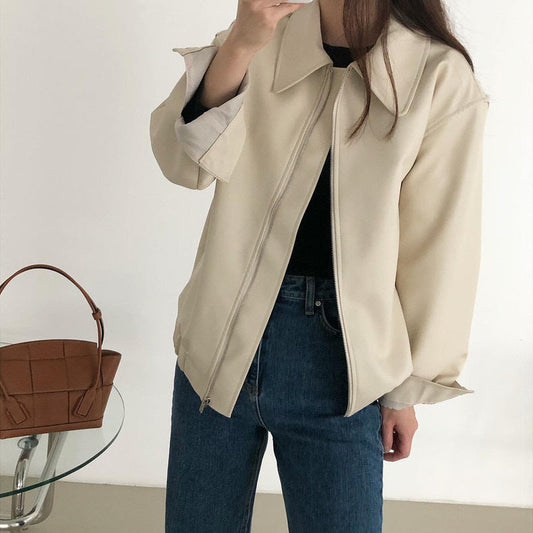 maoxiangshop-shop fall outfits women Handsome Lapel Zipper Design Loose Casual Chic Autumn Personality Long Sleeve Motorcycle Clothing Leather Coat for Women