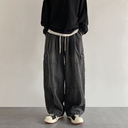 maoxiangshop-shop summer outfits men 2024 Washed Jeans Men's Spring and Autumn Retro Loose Wide-Leg Ruffle Handsome Straight High Street Overalls Pants