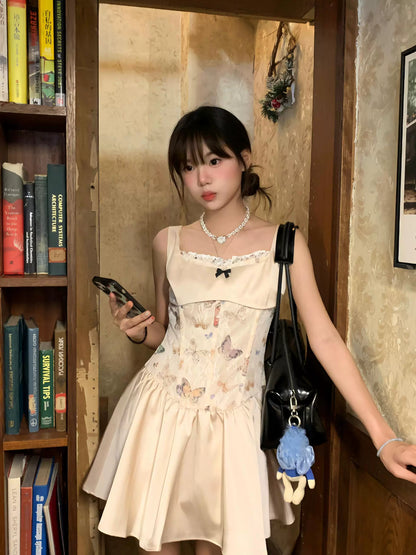 Quick call, original butterfly print lace fish bone sexy spring and summer waist thin suspender dress a-word skirt